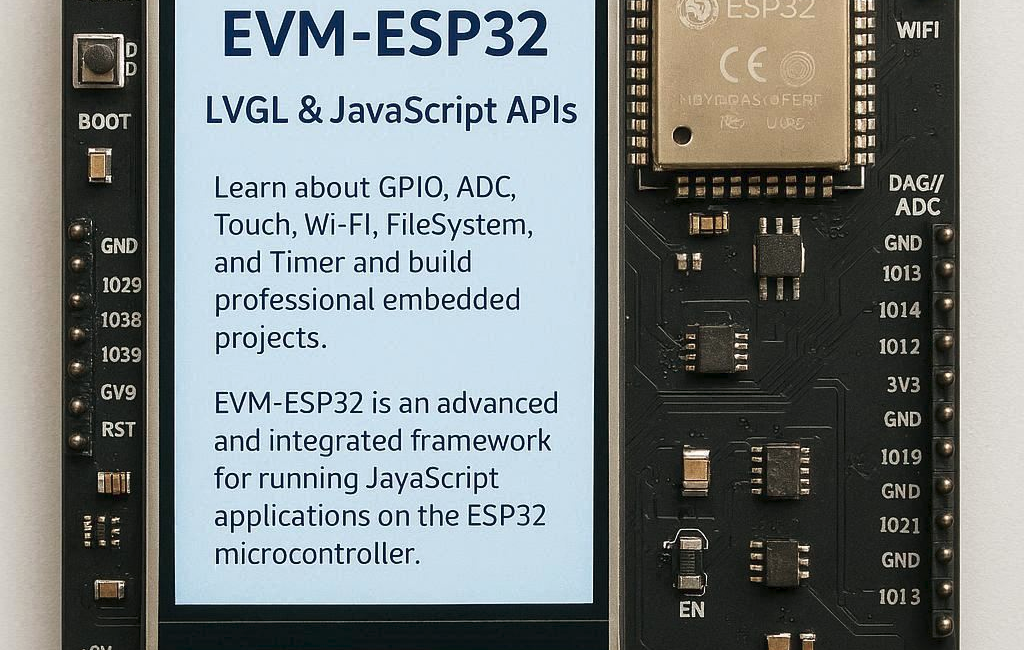 ماژول‌ها و APIهای EVM JavaScript روی ESP32 است. با GPIO، ADC، DAC، Touch، WiFi، FileSystem و Timer