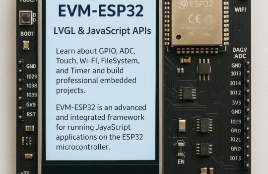 ماژول‌ها و APIهای EVM JavaScript روی ESP32 است. با GPIO، ADC، DAC، Touch، WiFi، FileSystem و Timer